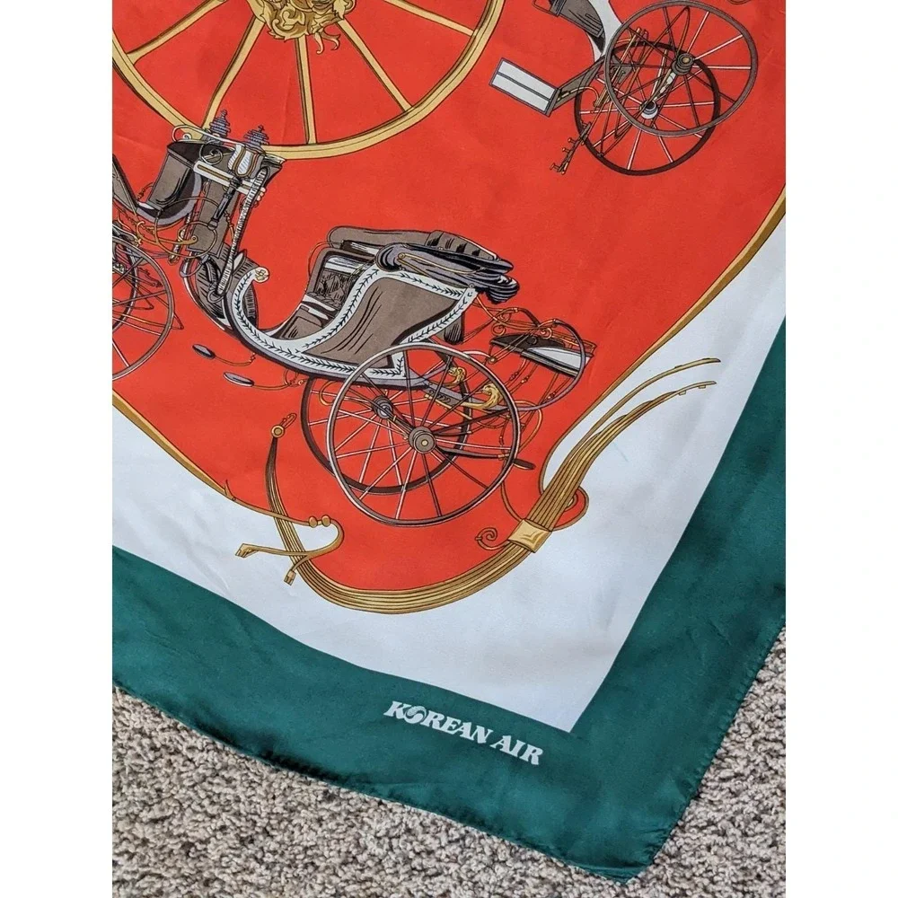 Korean Air Vintage 1980s‎ Equestrian Carriage Print Square Scarf Red Green 34